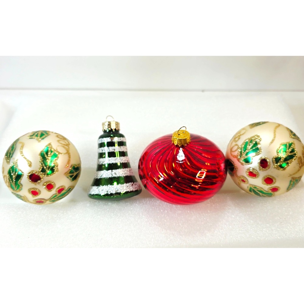 Lot of 4 Vintage UT Unique Treasures Glass Christmas Ornaments Bell Holly